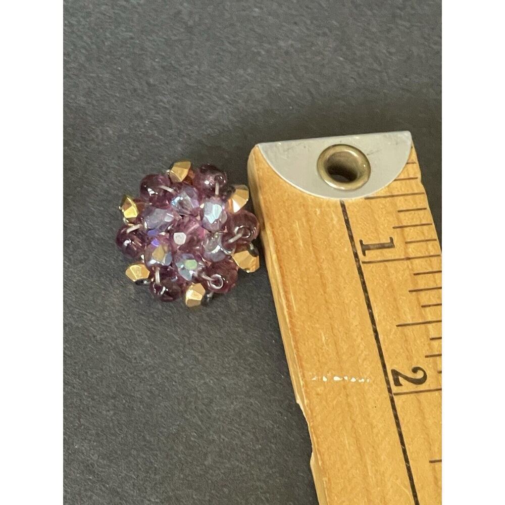 Vintage Germany Beaded Amethyst Colored Clip Brass Retro Cocktail Dress Earrings - Picture 6 of 6
